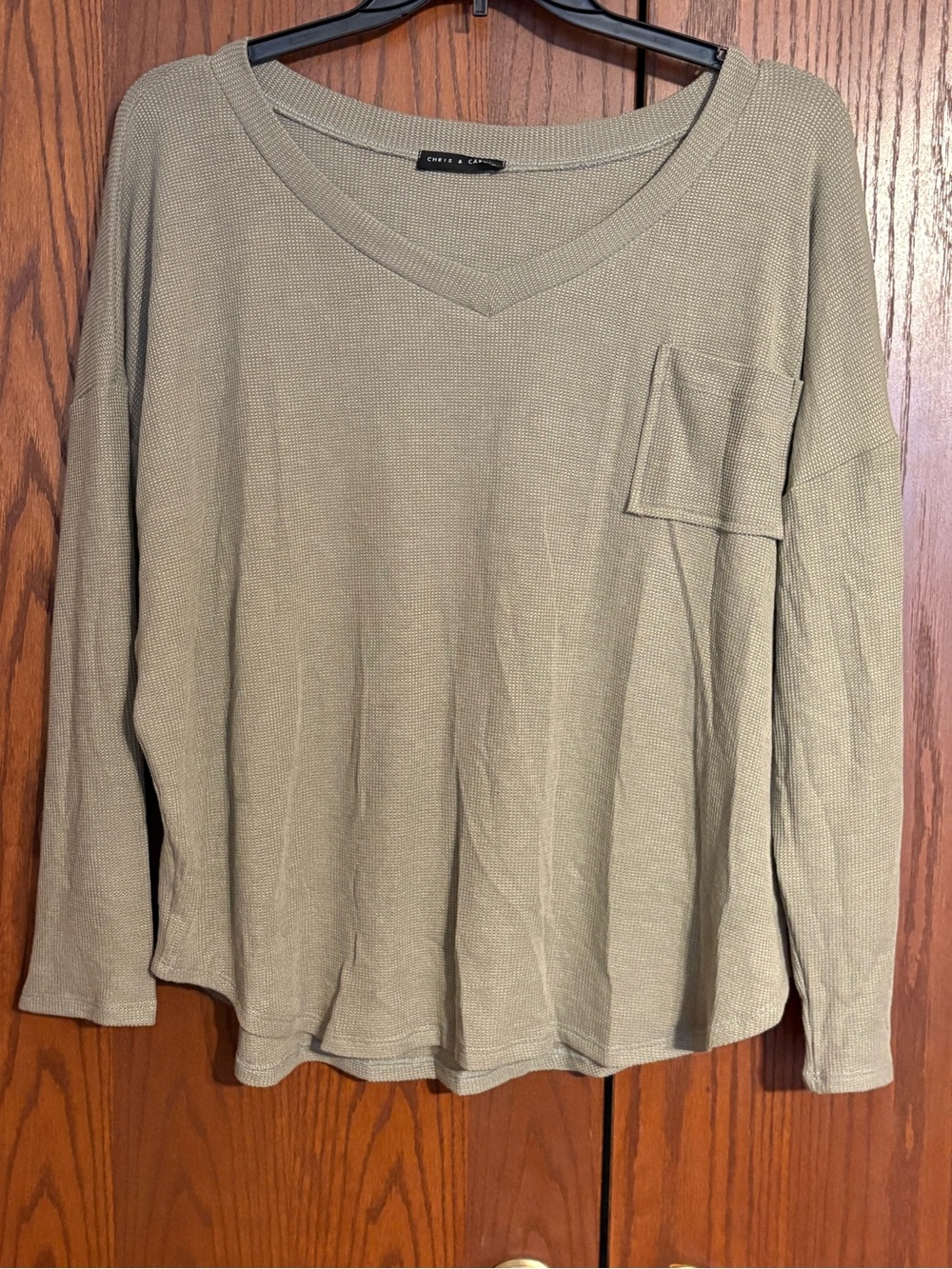 Chris & Carol Olive Green Waffle Knit V-Neck Top